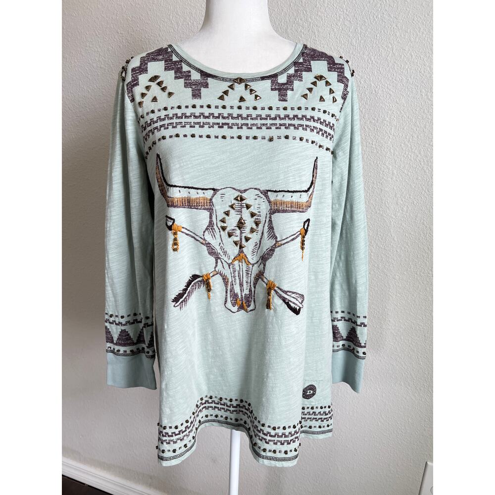 Double D Ranch Southwestern Studded Cow Skull Arrow Long Sleeve Shirt Women's M
